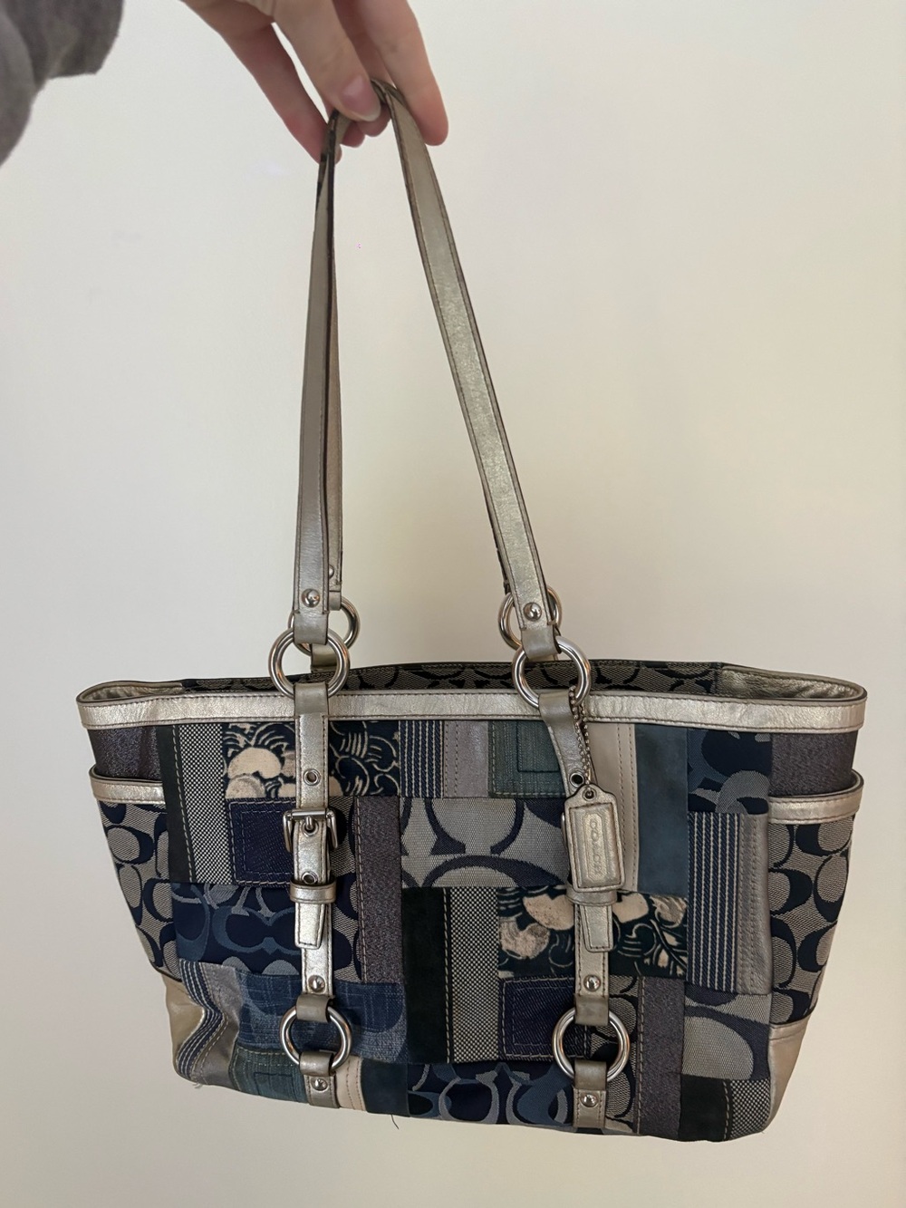 Vintage Coach Denim Patchwork Tote Bag in Navy and Silver